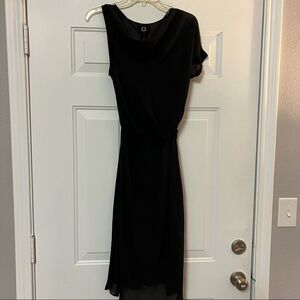 Poleci Black 💯 Silk Slip Chiffon Overlay Asymmetrical Sleeveless Midi Dress M